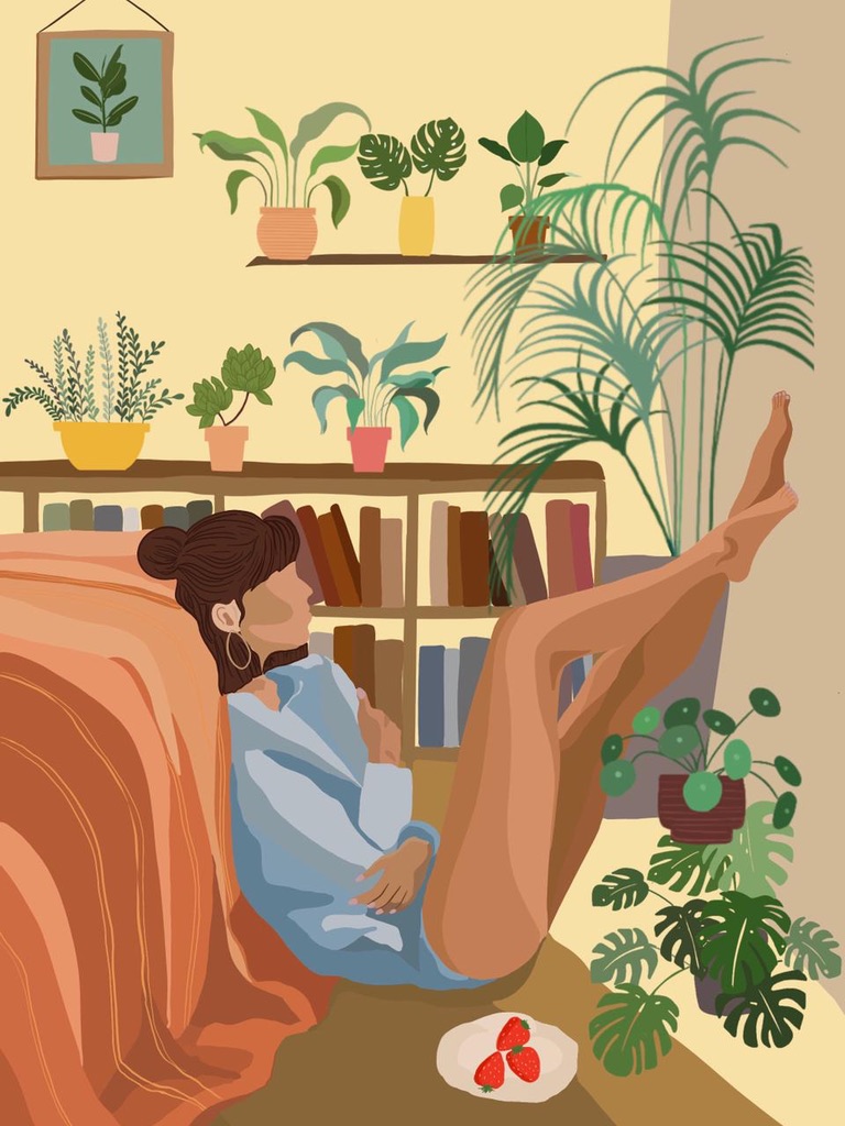 Digital illustration of a woman relaxing on a couch with her legs up, surrounded by potted houseplants and a bowl of strawberries