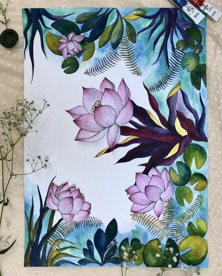 Watercolour painting of pink lotus flowers and lily pads framed by dark teal and maroon foliage